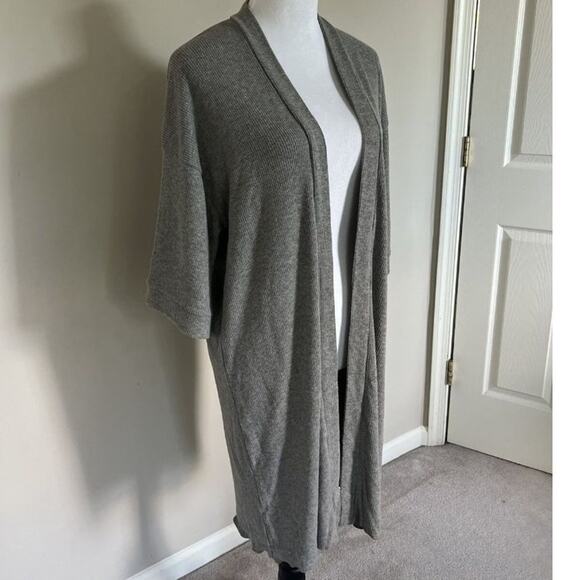 Gray Ribbed Knit Open Front Duster Cardigan Lightweight Cozy Everyday - Picture 2 of 5